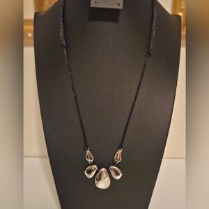 J. Jill Silver Tone Flat Rock Droplets Long Black Cord Necklace Reversible